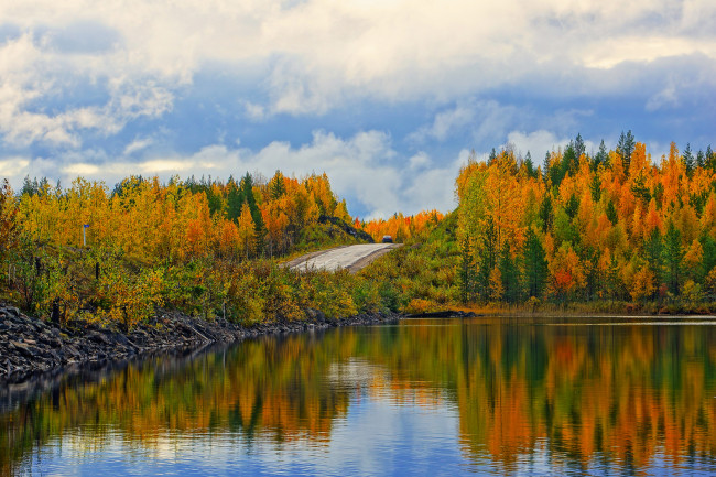 Обои картинки фото природа, реки, озера, дорога, осень, лес, вода