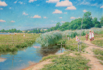 Картинка рисованные johan krouthen тропинка облака небо деревья луг камыш ручей дети прогулка деревня лето