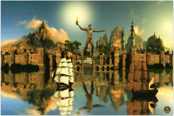 Картинка фэнтези пейзажи порт маяк море