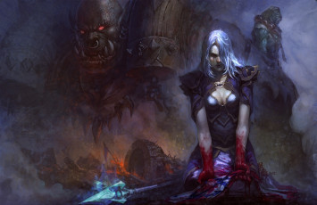 Картинка фэнтези красавицы чудовища копьё воительница девушка монстр кровь