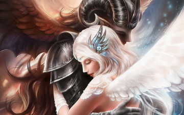 Картинка фэнтези ангелы демон ангел девушка парень любовь объятия