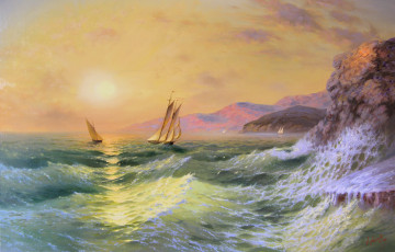 Картинка рисованные александр милюков красота волны парус пейзаж крым горы скалы закат солнце море простор