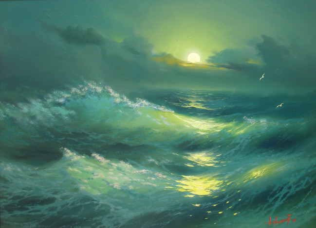 Обои картинки фото александр, милюков, ночь, волна, рисованные, море