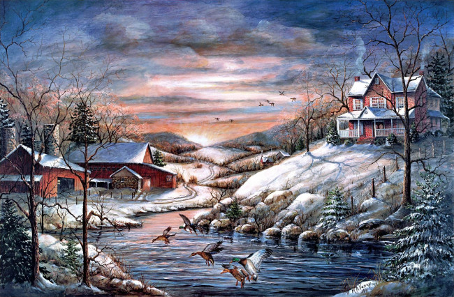 Обои картинки фото рисованные, mary, ann, vessey, птицы, утки, дома, коттедж, ёлки, снег, лёд