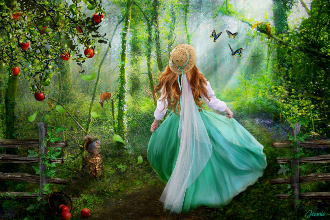Обои картинки фото фэнтези, девушки, девочка, яблоки, лес, бабочки, белка, олень