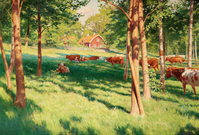 Обои картинки фото рисованные, johan, krouthen, дом, коровы, деревья, лето, деревня, лес, луг, пастбище, ограда
