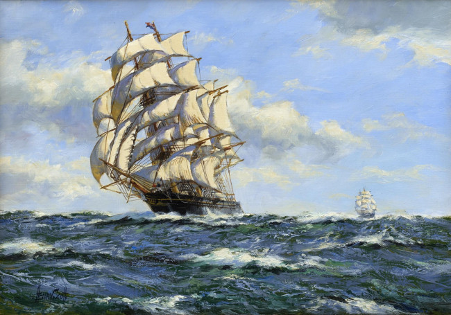 Обои картинки фото henry, scott, the, clipper, leander, in, full, sail, рисованные, море, фрегат, парусник