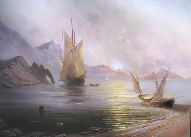 Обои картинки фото александр, милюков, рассвет, на, море, рисованные, лодки