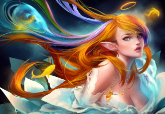 Картинка фэнтези эльфы девушка эльфийка рыбы sakimichan