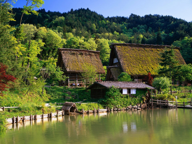 Обои картинки фото japanese farm house, города, - пейзажи, дома, постройки, река, поля