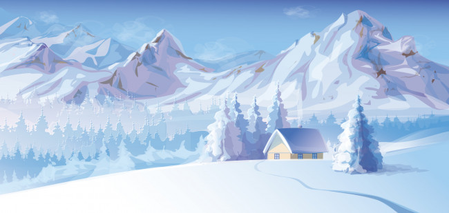 Обои картинки фото векторная графика, зима, снег, горы, деревья, домик, дым