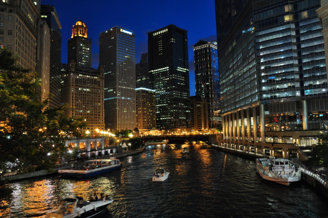 Обои картинки фото Чикаго, города, Чикаго , сша, ночь, огни, река, дома