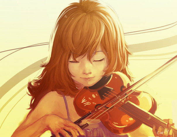 Обои картинки фото shigatsu wa kimi no uso, аниме, скрипка, фон, девушка, взгляд