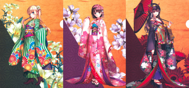 Обои картинки фото saenai heroine no sodatekata, аниме, фон, цветы, кимоно, девушки, взгляд
