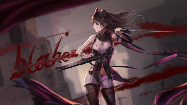 Обои картинки фото аниме, rwby, blake, belladonna, red, flowers, арт, девушка, оружие