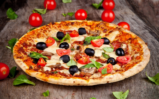 Обои картинки фото еда, пицца, томаты, листья, помидоры, доска