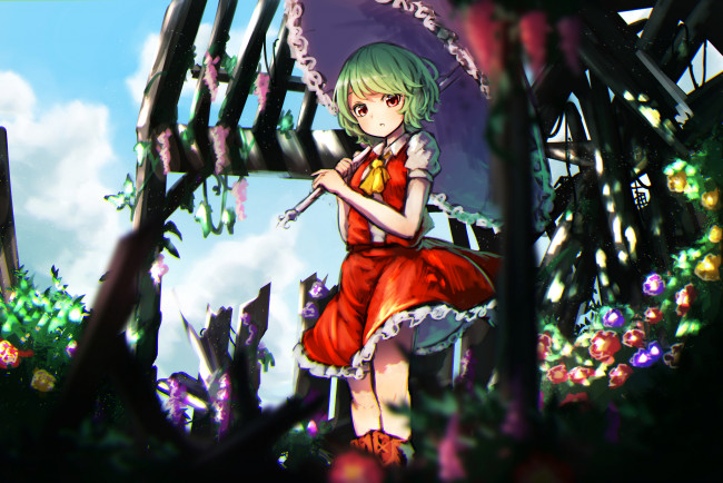 Обои картинки фото аниме, touhou, девочка, kazami, yuuka, pyonsuke0141, цветы, зонт, арт