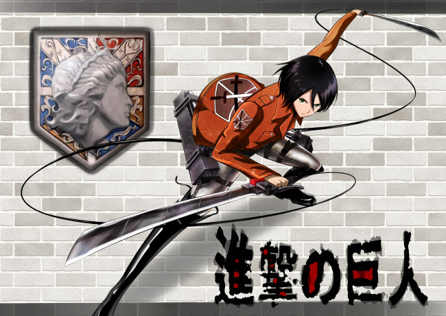 Обои картинки фото аниме, shingeki no kyojin, микаса, атака, титанов, фон, арт