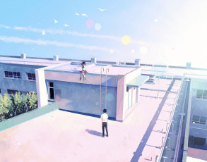 Картинка аниме город +улицы +интерьер +здания двое крыша