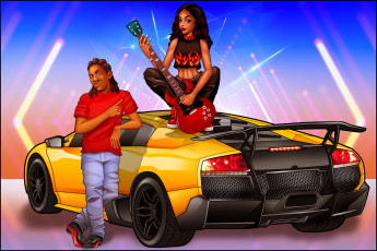 Картинка рисованное люди мужчина взгляд фон гитара автомобиль девушка