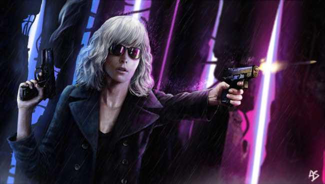 Обои картинки фото рисованное, кино, lorraine, broughton, дождь, пистолет, пуля, atomic, blonde, девушка, charlize, theron