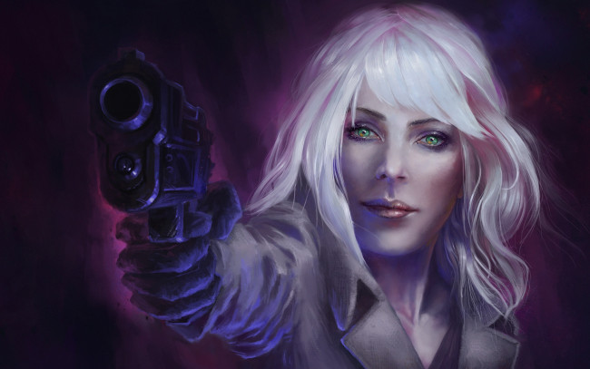 Обои картинки фото рисованное, кино, пистолет, девушка, art, atomic, blonde, charlize, theron, lorraine, broughton, взгляд, блондинка