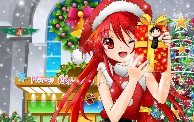 Обои картинки фото аниме, зима,  новый год,  рождество, костюм, магазин, девочка, подарок, ёлка