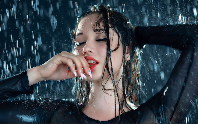 Обои картинки фото девушки, -unsort , лица,  портреты, портрет, дождь, губы