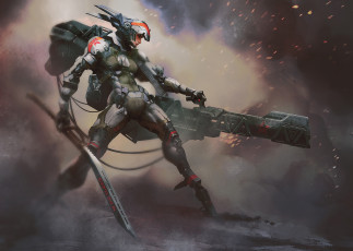 Картинка фэнтези роботы +киборги +механизмы оружие фон девушка меч