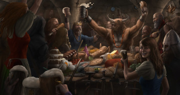 Картинка фэнтези люди пир стол явства еда монстры минотавр праздник застолье