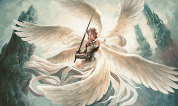 обоя фэнтези, ангелы, крылья, меч, латы, фон, мужчина