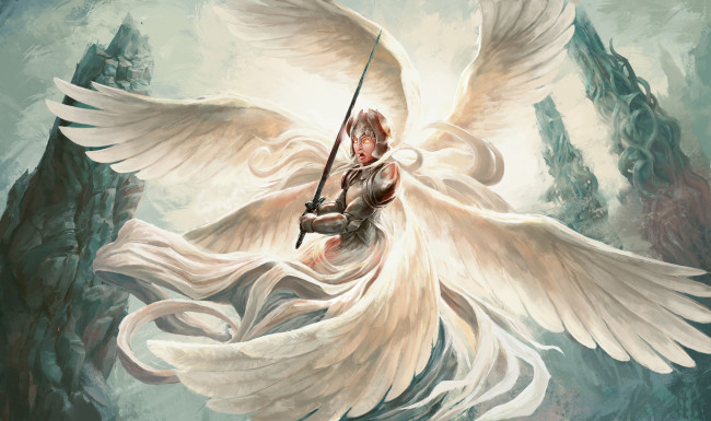 Обои картинки фото фэнтези, ангелы, крылья, меч, латы, фон, мужчина