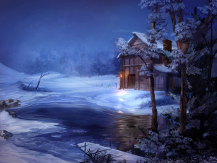 обоя рисованное, природа, зима, снег, ручей, деревья, дом