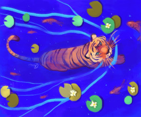 обоя рисованное, животные,  тигры, тигр, озеро, кувшинки