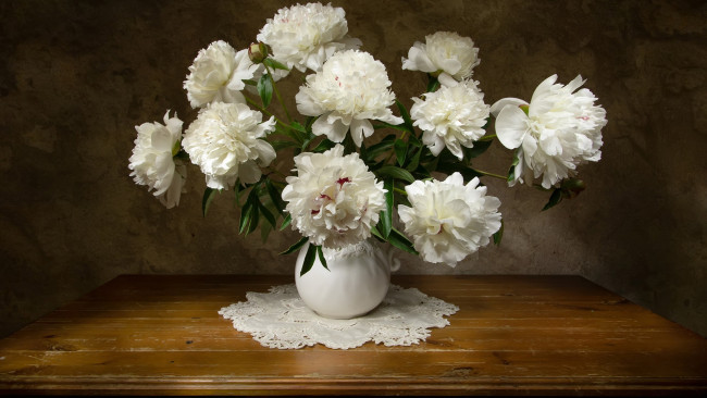 Обои картинки фото цветы, пионы, букет, белые, ваза