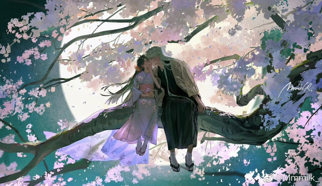 Обои картинки фото аниме, inuyasha, пара, поцелуй, ветка, дерево, цветение