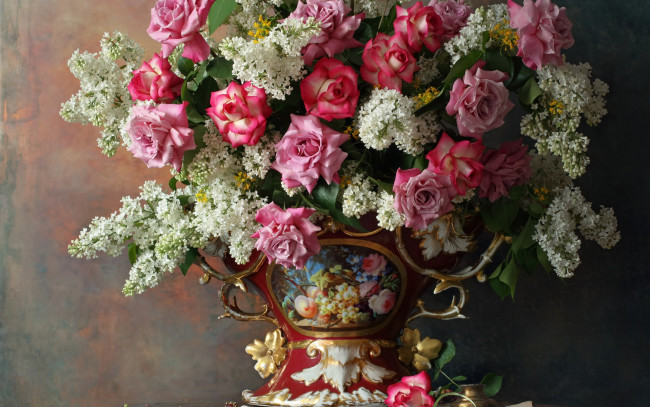 Обои картинки фото цветы, букеты,  композиции, ваза, букет, розы, сирень