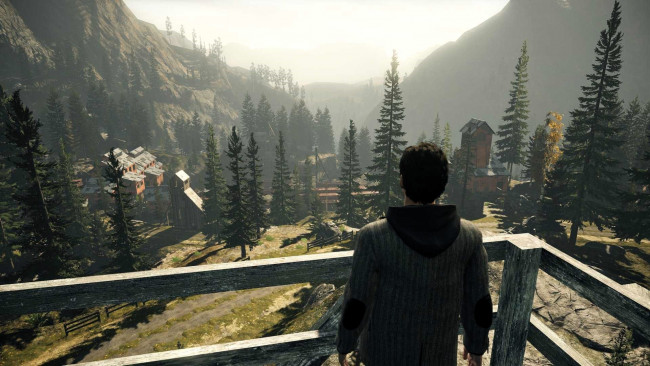 Обои картинки фото видео игры, alan wake, мужчина, ограда, панорама, селение, горы
