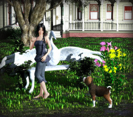 Картинка 3д графика people люди дом цветы скамейка собака девушка