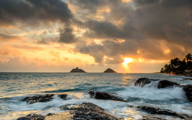 Обои картинки фото природа, моря, океаны, гавайи, океан, скалы, восход, камни, hawaii