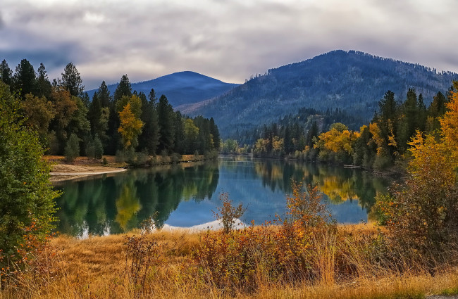 Обои картинки фото coeur, d`alene, river, природа, реки, озера, деревья, горы, пейзаж, лес, река, dalene