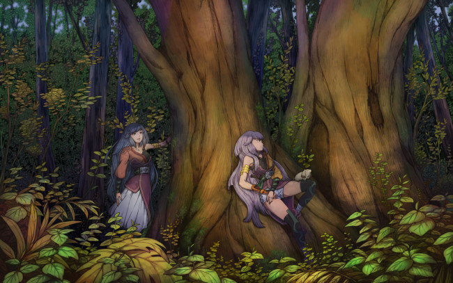 Обои картинки фото аниме, *unknown , другое, лес, деревья, кустарники, трава, девушки, зверь