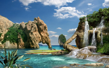 Картинка фэнтези фотоарт камни горы скалы каменный мужчина водопад море
