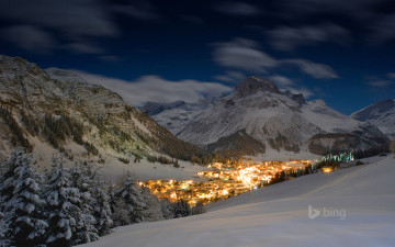Картинка города -+пейзажи деревня австрия лех-ам-арльберг горы огни ночь лех