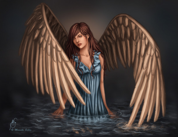 Обои картинки фото фэнтези, ангелы, лицо, взгляд, голубое, платье, крылья, ангел, девушка, отражение, вода