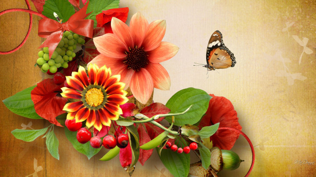 Обои картинки фото разное, - другое, природа, бабочка, желудь, ягоды, коллаж, цветы