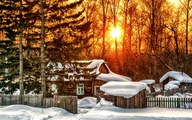 Обои картинки фото города, - пейзажи, снег, восход, зима