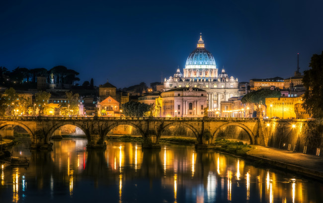Обои картинки фото ватикан, города, - огни ночного города, италия, река, огни, ночь, дома