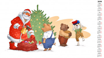 обоя календари, праздники,  салюты, мешок, дед, мороз, свинья, кабан, медведь, заяц, елка