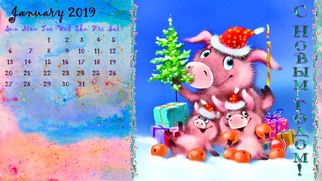 Обои картинки фото календари, праздники,  салюты, шапка, свинья, елка, цитрус, поросенок